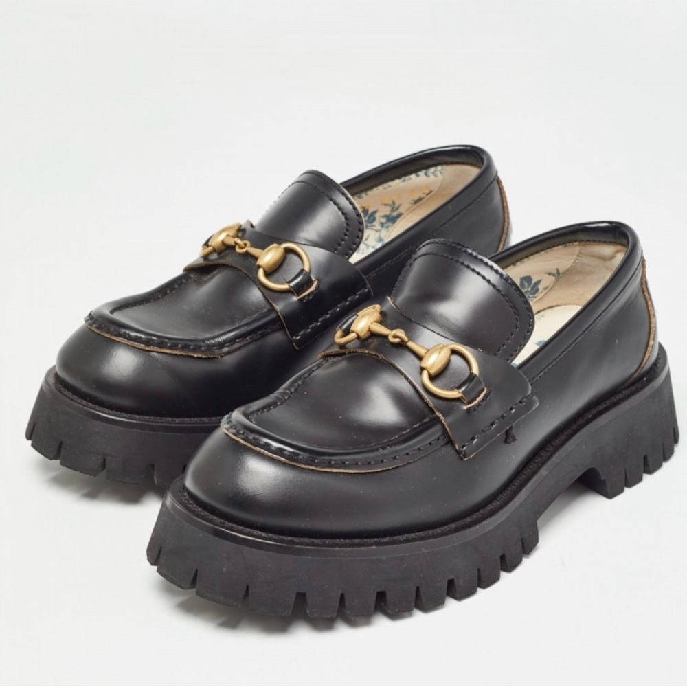 Gucci Black Platform Loafers with Gold Hardware